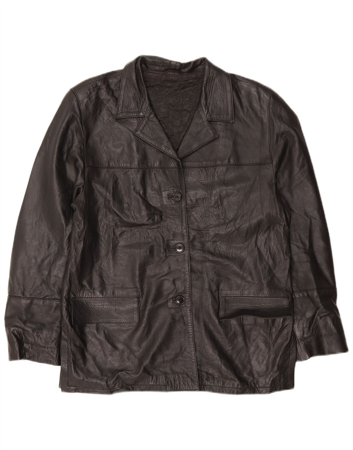 Винтажный женский кожаный пиджак оверсайз на 3 пуговицах IT 44, средний черный