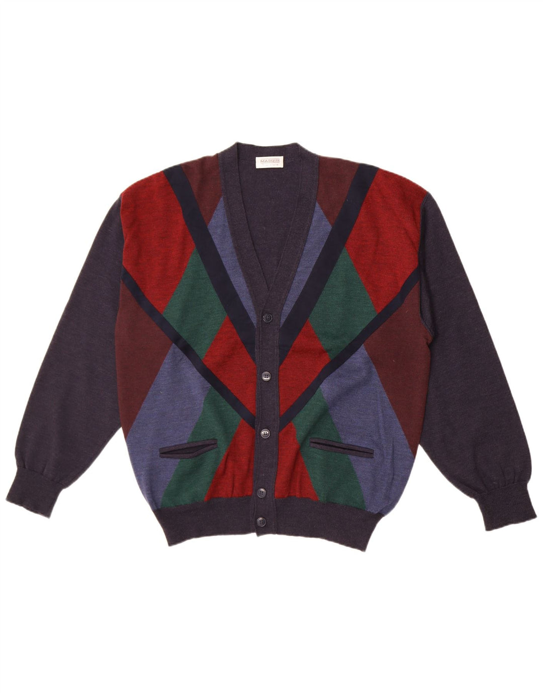 Винтажный мужской свитер-кардиган IT 54 XL Темно-синий, шерсть с цветными блоками