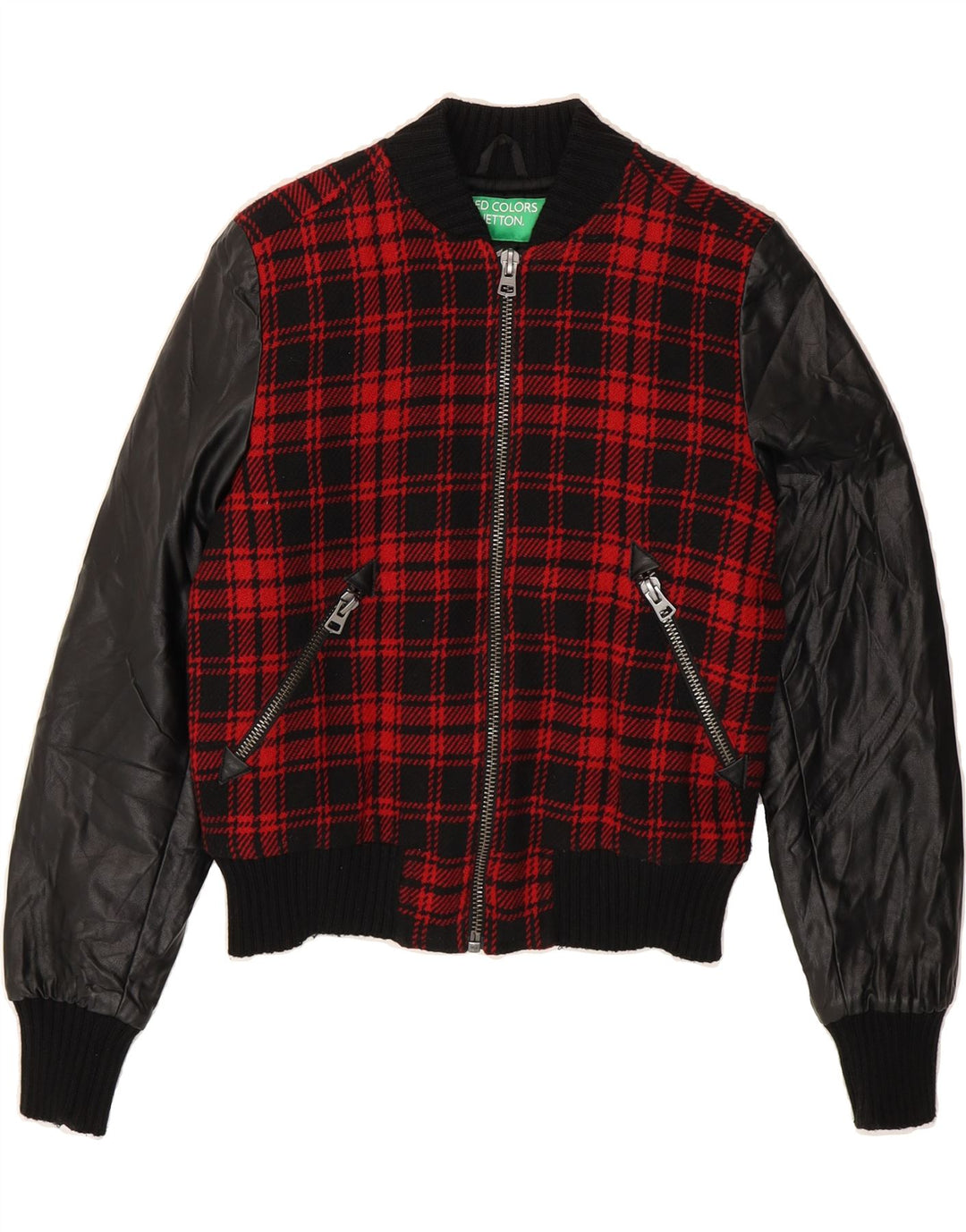 BENETTON Womens Bomber Jacket IT 40 Small Red Check Acrylic Vintage Benetton and Second-Hand Benetton from Messina Hembry 
