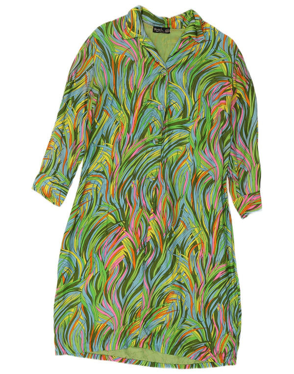 Vintage Womens Abstract Pattern 3/4 Sleeve Shirt Dress UK 12 Medium Green