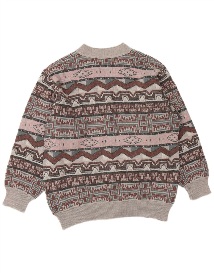 ВИНТАЖНЫЙ мужской джемпер с v-образным вырезом, средний серый свитер с геометрическим узором