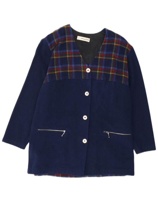 SCHMEINCK Женское пальто UK 16, большое темно-синее шерстяное пальто в клетку