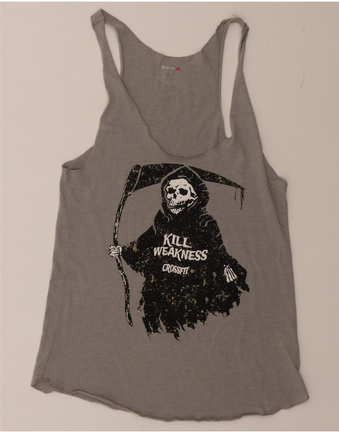 REEBOK Womens Graphic Vest Top UK 8/10 Small Grey Vintage Reebok and Second-Hand Reebok from Messina Hembry 