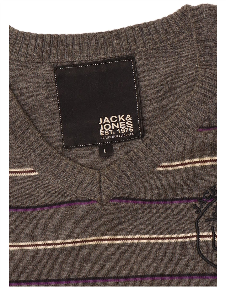 Мужской джемпер с v-образным вырезом и рисунком Jack & Jones, большой серый в полоску