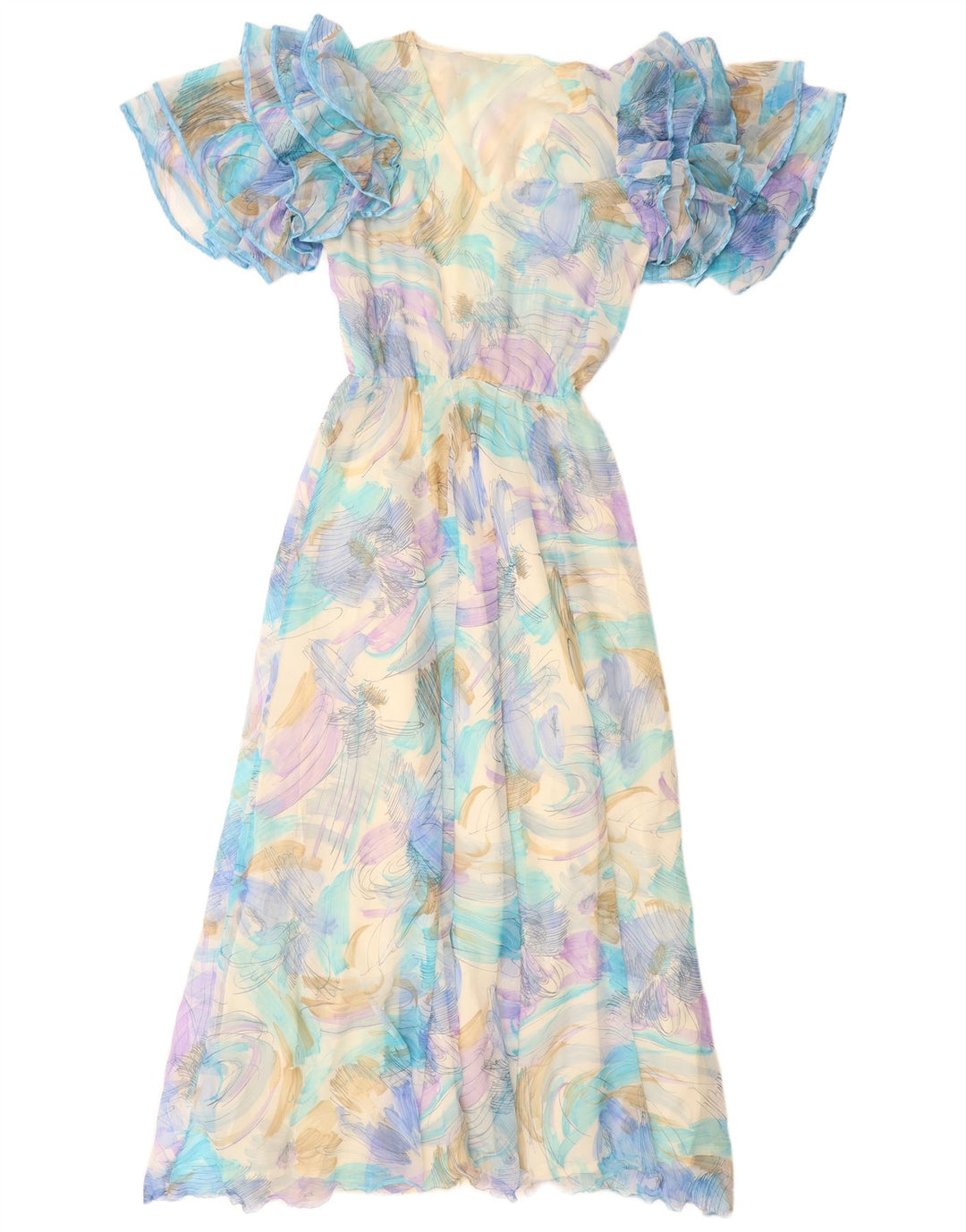 ВИНТАЖНОЕ женское платье макси с абстрактным узором, Великобритания 12, средний синий цвет