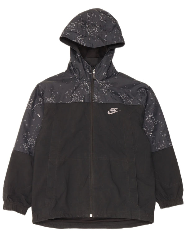 Nike Boys Abstract Pattern Hooded Rain Jacket 10-11 Years Medium Black