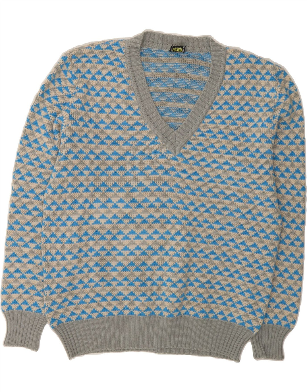 VINTAGE Mens V-Neck Jumper Sweater IT 52 Large Blue Geometric Vintage Vintage and Second-Hand Vintage from Messina Hembry 