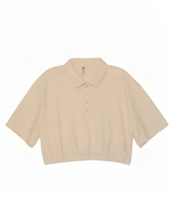 Женская укороченная рубашка-поло Zara UK 16 XL, белый хлопок