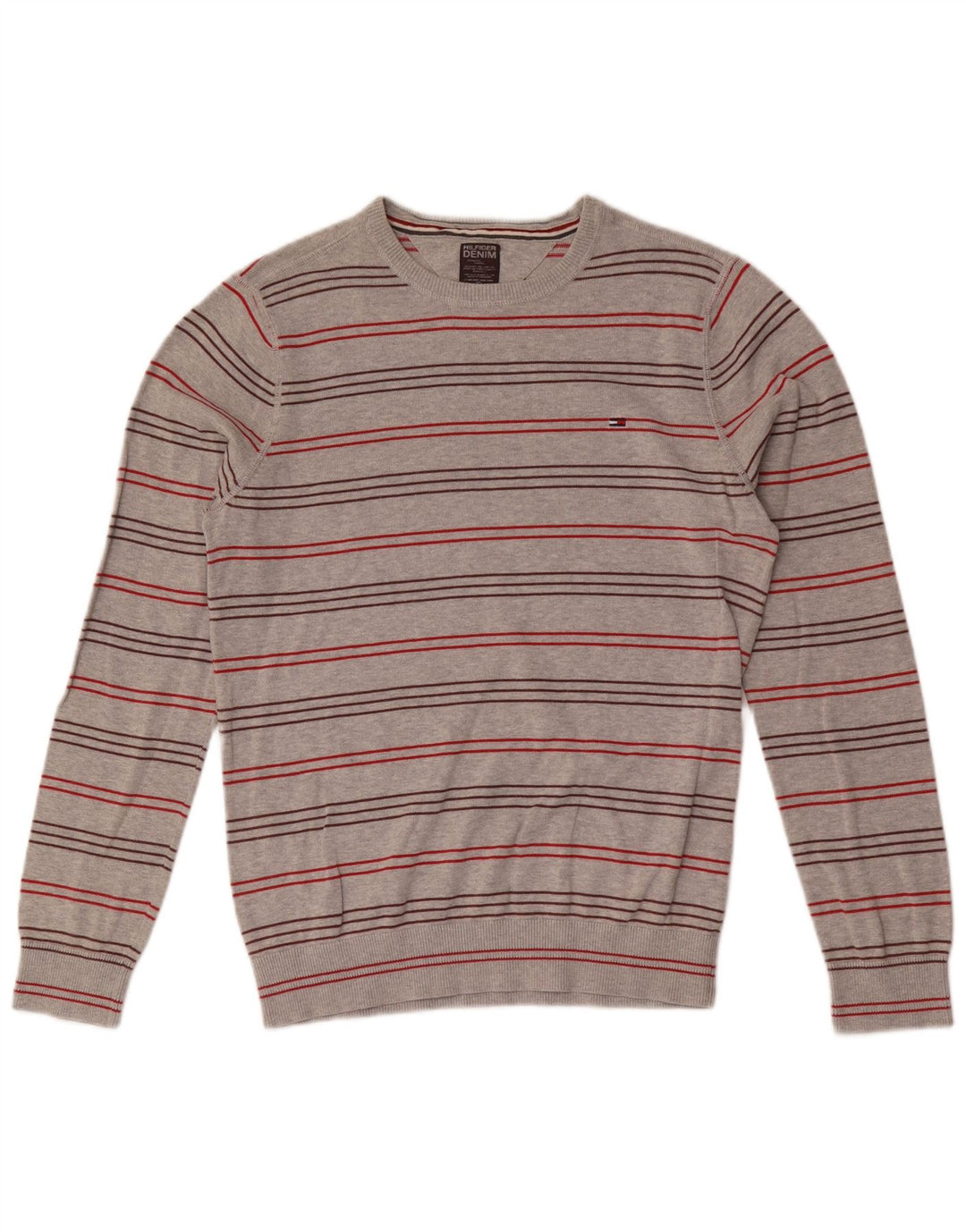 TOMMY HILFIGER Мужской джемпер с круглым вырезом, хлопковый свитер среднего серого цвета в полоску