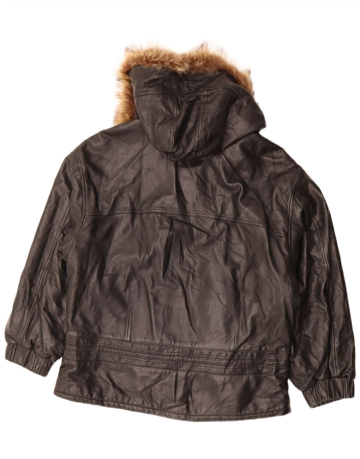 Винтажная женская кожаная куртка оверсайз с капюшоном IT 48 XL, черная кожа