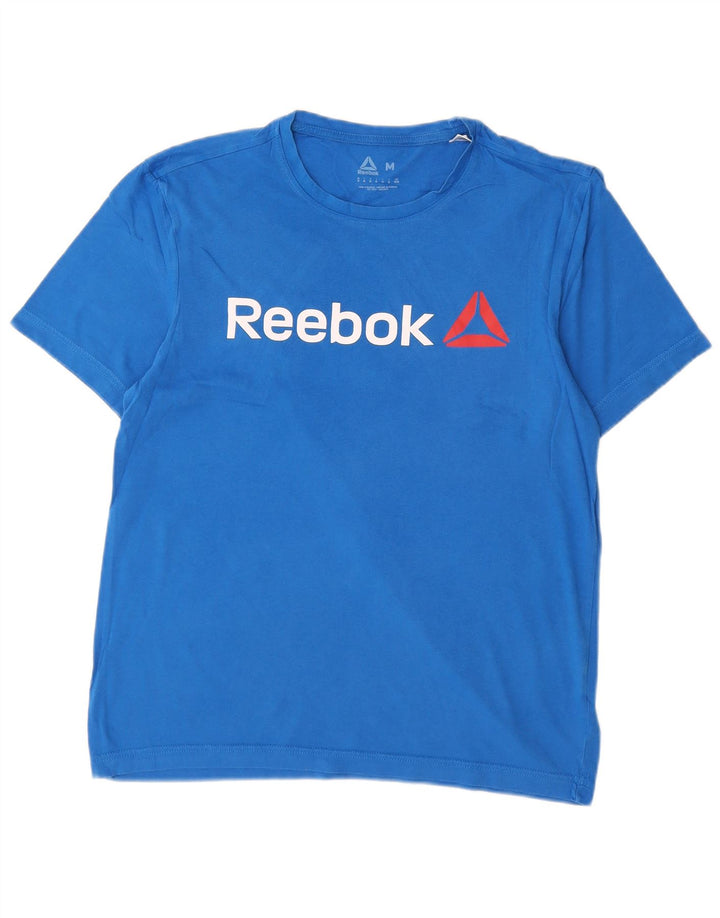 Мужская футболка с рисунком Reebok, хлопковый топ среднего синего цвета