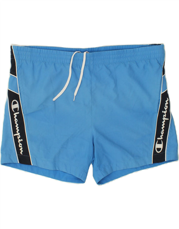 CHAMPION Mens Graphic Sport Shorts Medium Blue Colourblock | Vintage Champion | Thrift | Second-Hand Champion | Used Clothing | Messina Hembry 