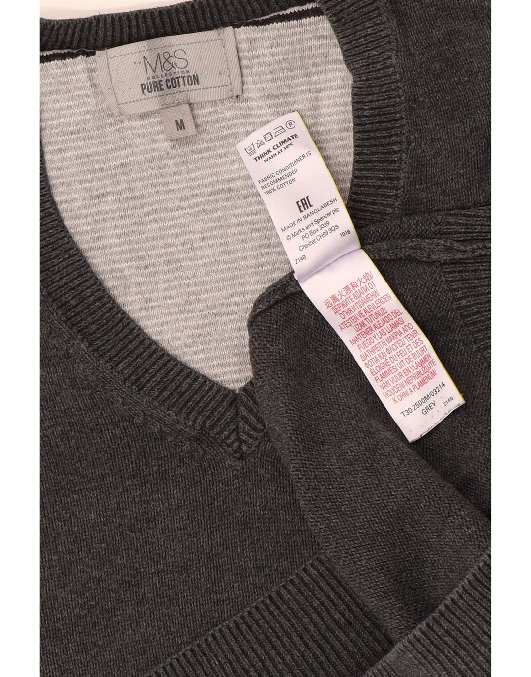 Мужской джемпер с v-образным вырезом Marks & Spencer, средний серый хлопковый свитер