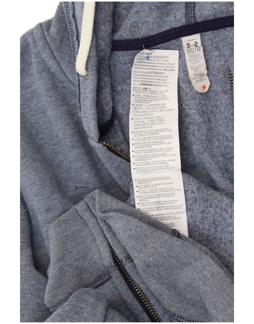 Мужской свитер с капюшоном и молнией с рисунком UNDER ARMOR, хлопковый, среднего синего цвета