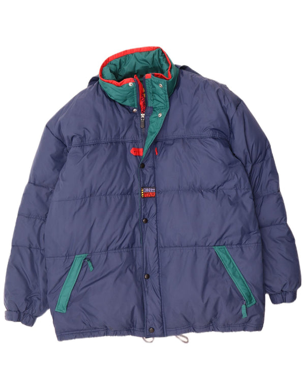 Винтажная мужская стеганая куртка с капюшоном UK 40, большая темно-синяя с цветными блоками