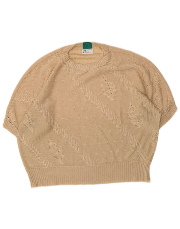 CANDA Womens Crop Short Sleeve Boat Neck Jumper Sweater UK 14 Large Beige