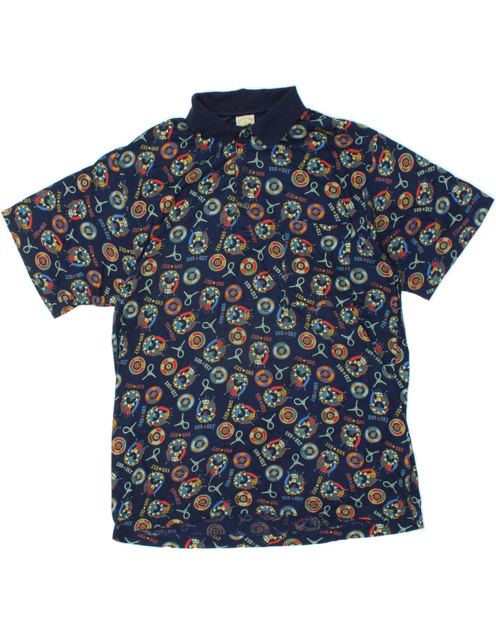 VINTAGE Mens Abstract Pattern Polo Shirt Large Navy Blue Cotton Vintage Vintage and Second-Hand Vintage from Messina Hembry 