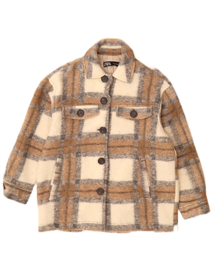 Женская куртка оверсайз Zara Shacket UK 6 XS, шерстяная бежевая клетка