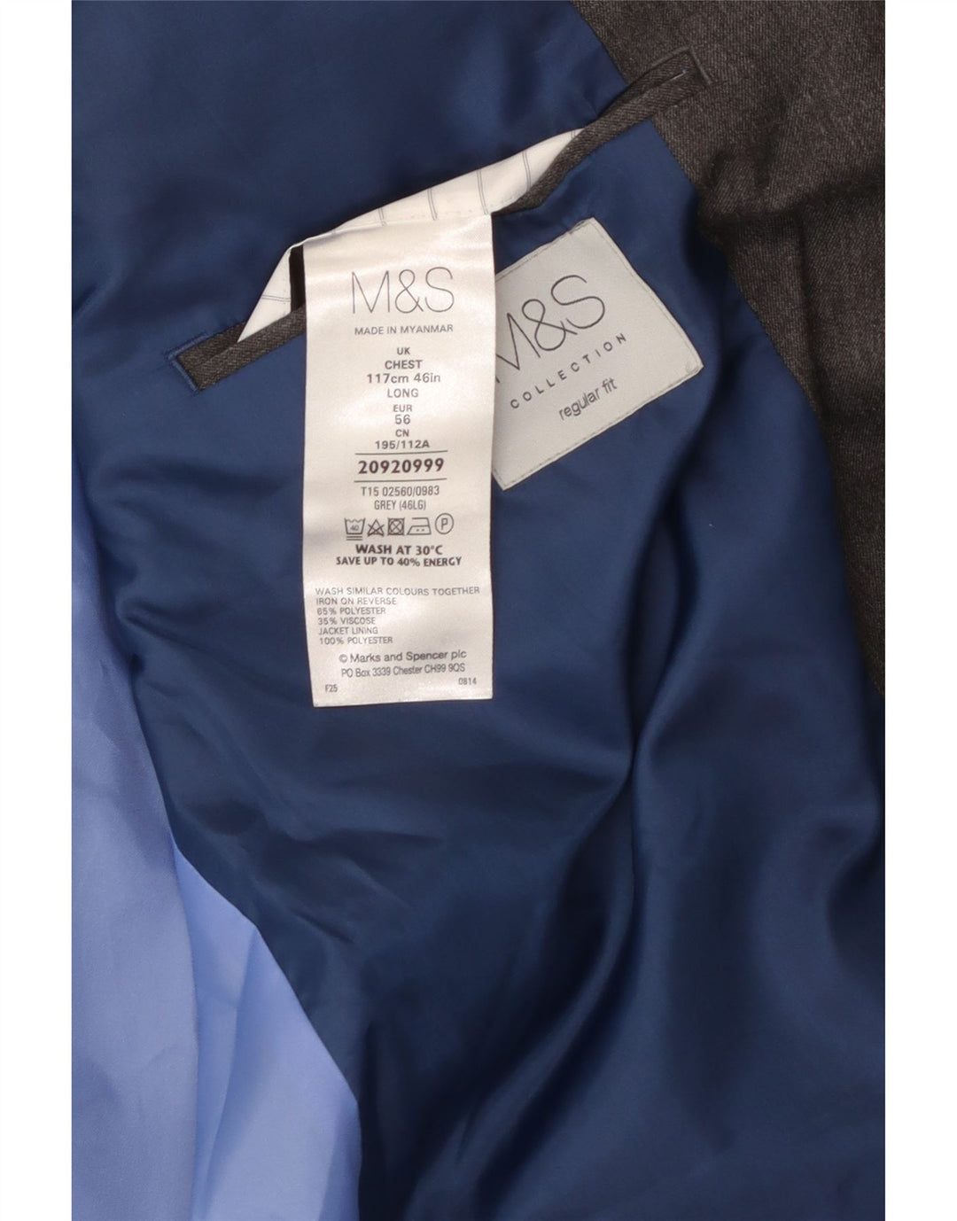 Мужской пиджак стандартного кроя с 2 пуговицами MARKS & SPENCER UK 46 XL, серый
