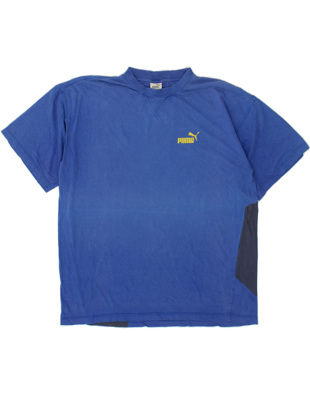 PUMA Mens Graphic T-Shirt Top Large Blue Colourblock Vintage Puma and Second-Hand Puma from Messina Hembry 