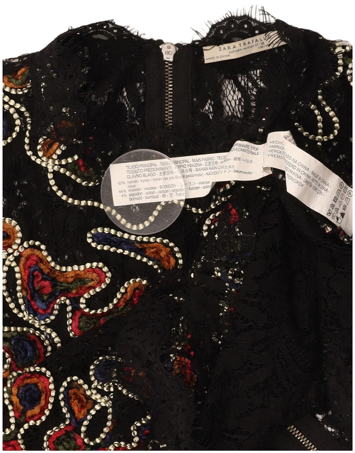 Женская прозрачная кружевная блузка ZARA, Великобритания, 10 маленьких размеров, нейлон черного цвета с цветочным принтом
