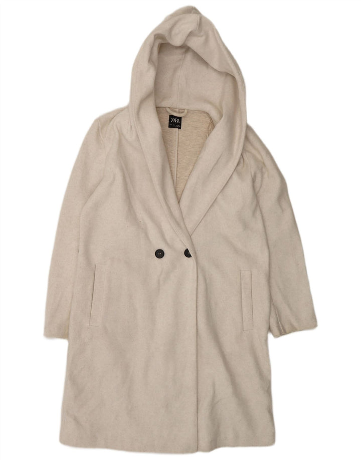 Женское двубортное пальто оверсайз с капюшоном Zara UK 10, маленький белый цвет