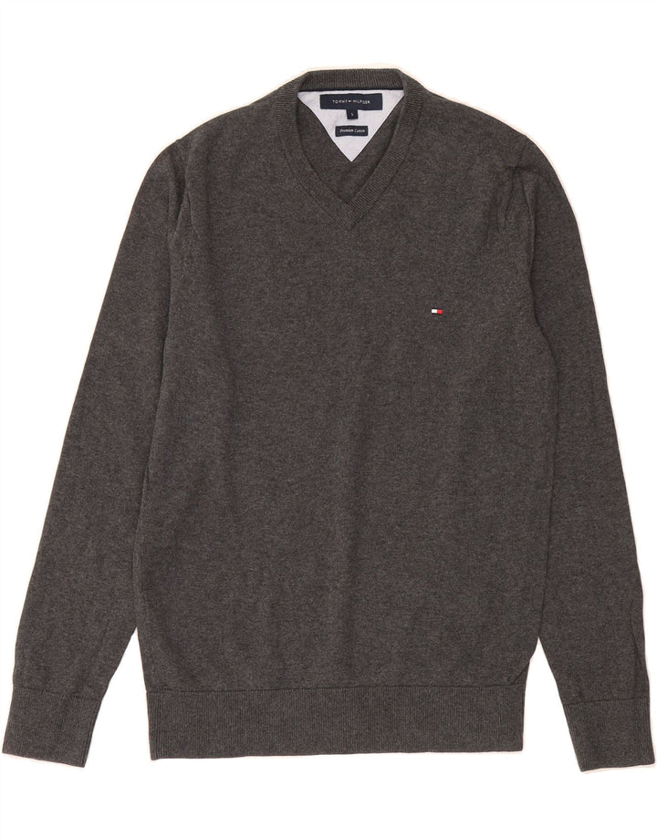 TOMMY HILFIGER Mens V-Neck Jumper Sweater Small Grey Cotton Vintage Tommy Hilfiger and Second-Hand Tommy Hilfiger from Messina Hembry 