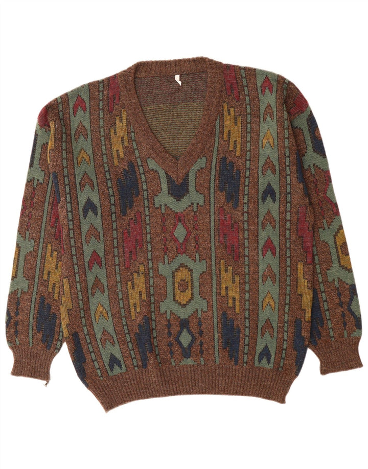 Мужской джемпер с v-образным вырезом VINTAGE IT 50, средний коричневый с геометрическим узором