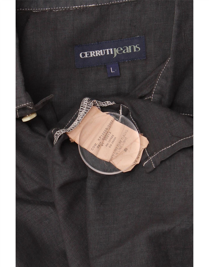 Мужская рубашка с коротким рукавом Cerruti, большая, темно-синяя, льняная