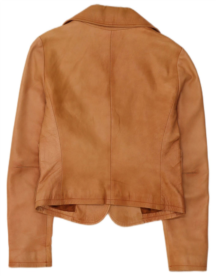 Женский укороченный пиджак на 2 пуговицах Society UK 12, кожа среднего коричневого цвета