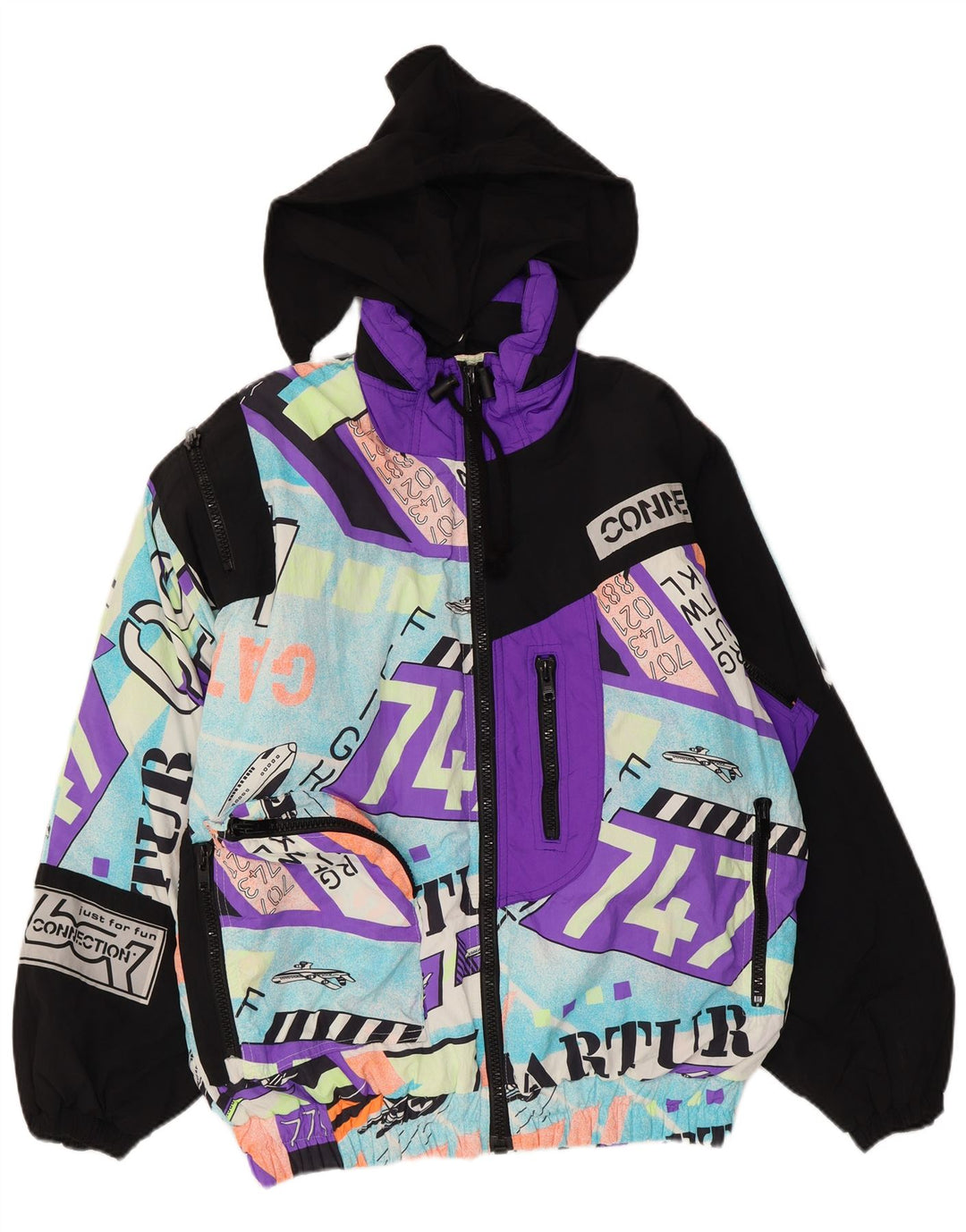 Винтажная мужская лыжная куртка с капюшоном с графическим рисунком UK 40, большая разноцветная полиамид