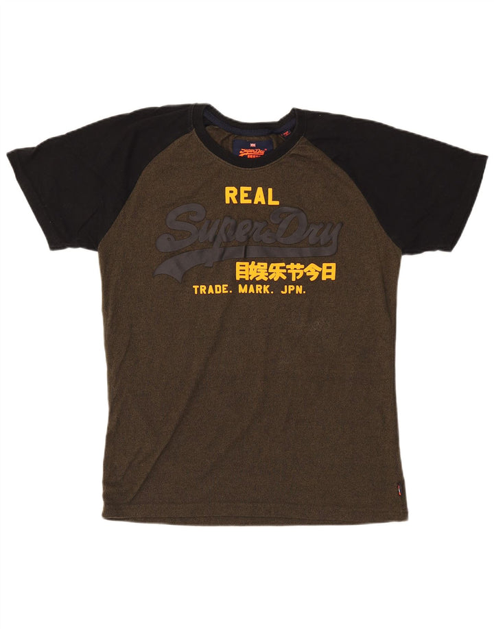 Мужская футболка с рисунком Superdry, топ среднего размера, цвет хаки, хлопок с цветными блоками
