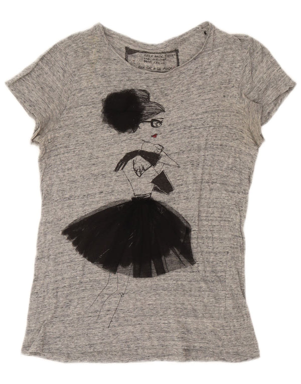 Женская футболка с рисунком Zara Top UK 14, хлопок среднего серого цвета с крапинками