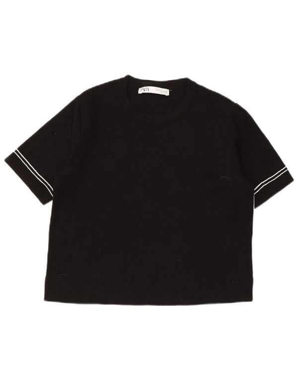 Женский укороченный джемпер с круглым вырезом ZARA с короткими рукавами, Великобритания 12, средний черный