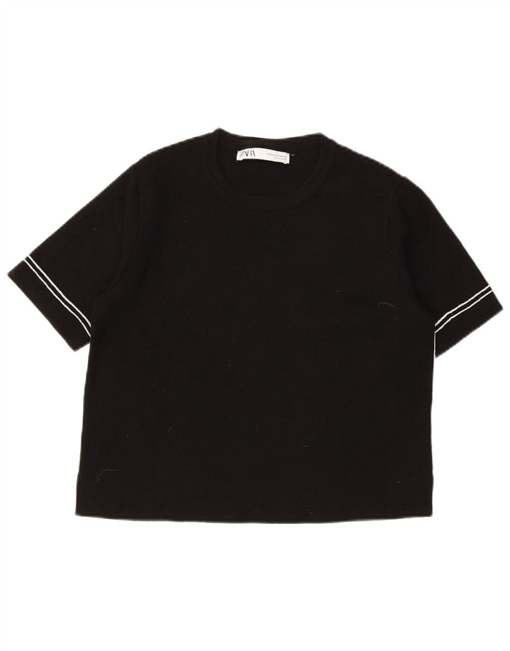 Женский укороченный джемпер с круглым вырезом ZARA с короткими рукавами, Великобритания 12, средний черный