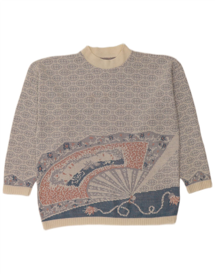 Винтажный мужской джемпер с круглым вырезом, свитер среднего синего цвета с жаккардовым узором