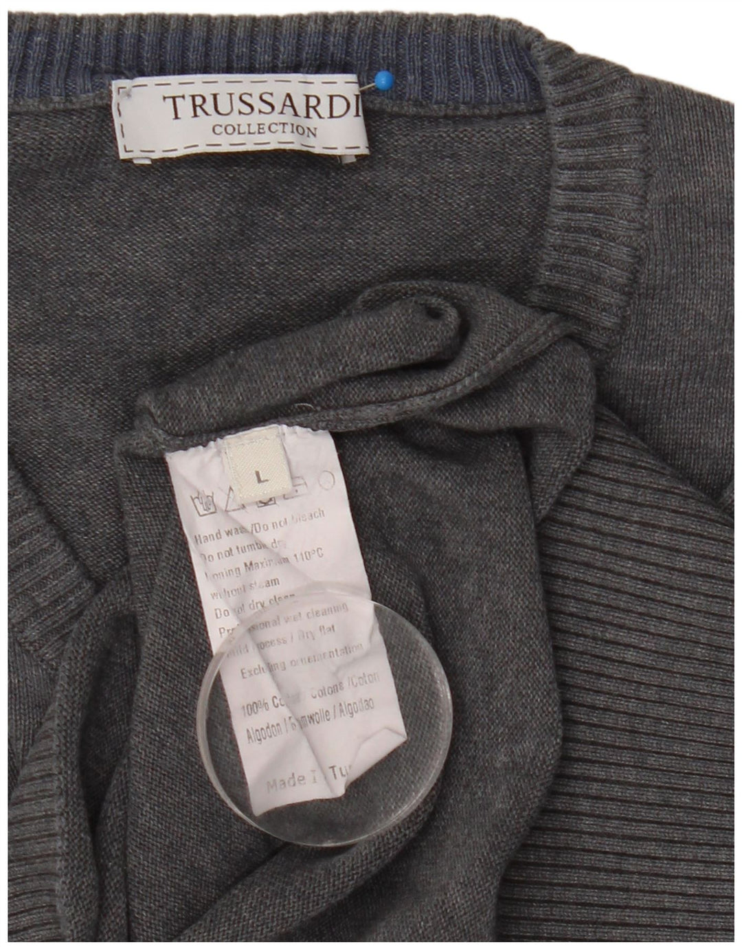 Trussardi Мужской джемпер с v-образным вырезом, большой серый хлопковый свитер