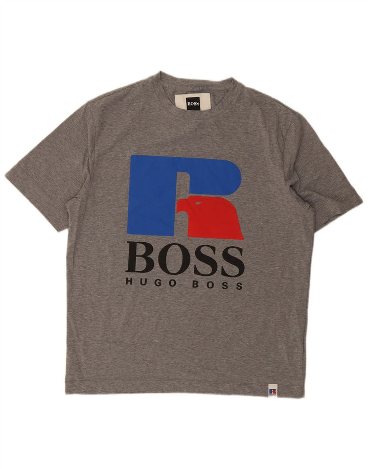 Мужская футболка с рисунком HUGO BOSS, хлопковый топ среднего серого цвета
