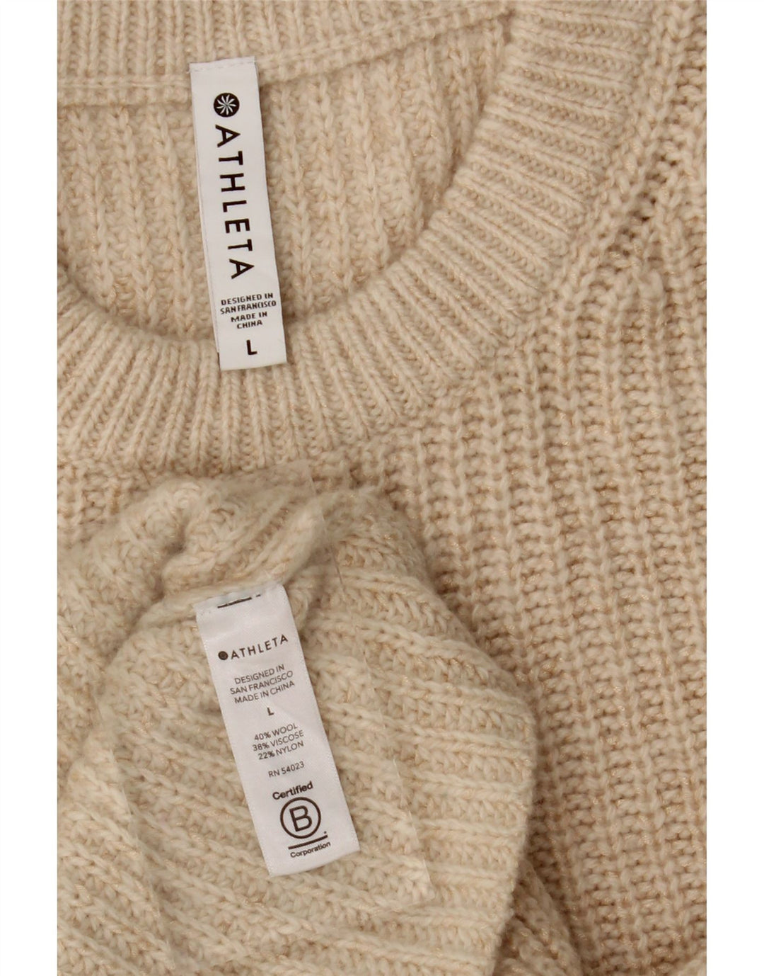 ATHLETA Womens Crew Neck Jumper Sweater UK 16 Large Beige Wool Vintage Athleta and Second-Hand Athleta from Messina Hembry 