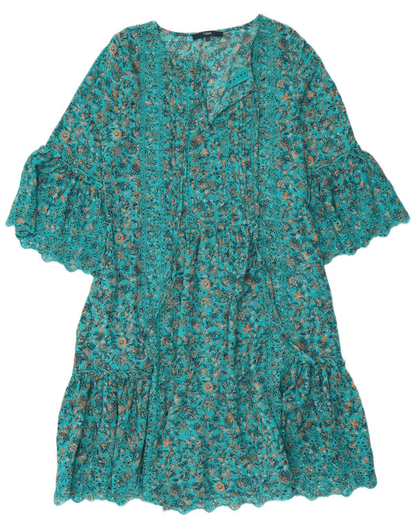 NEXT Womens 3/4 Sleeve A-Line Dress UK 12 Medium Blue Floral Polyester