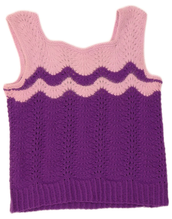 Винтажная женская вязаная блузка без рукавов, Великобритания, 4 XS, фиолетовая, с цветными блоками
