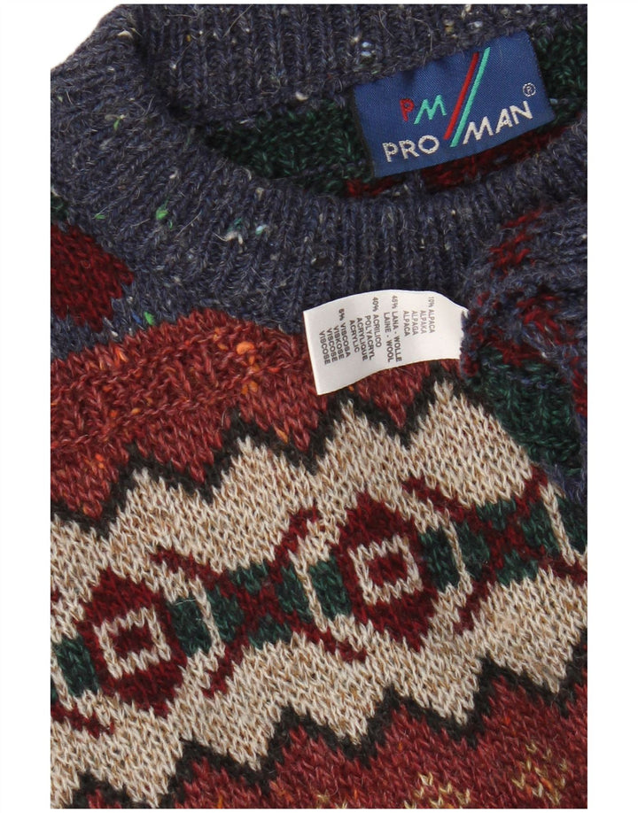 Винтажный мужской джемпер с круглым вырезом, свитер размера XL, разноцветный шерстяной геометрический узор