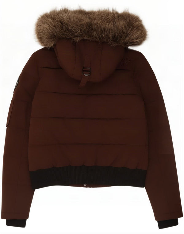 Superdry Womens Hooded Padded Jacket UK 12 Medium Brown Colourblock