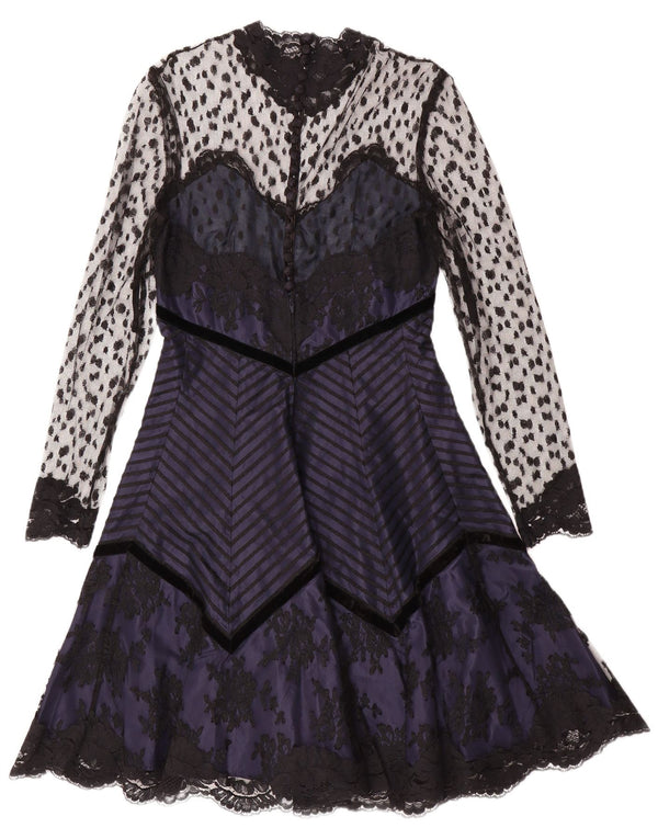 Винтажное женское платье трапециевидной формы с длинными рукавами, Великобритания, 10 маленьких размеров, темно-синее, в готическом стиле с цветочным принтом