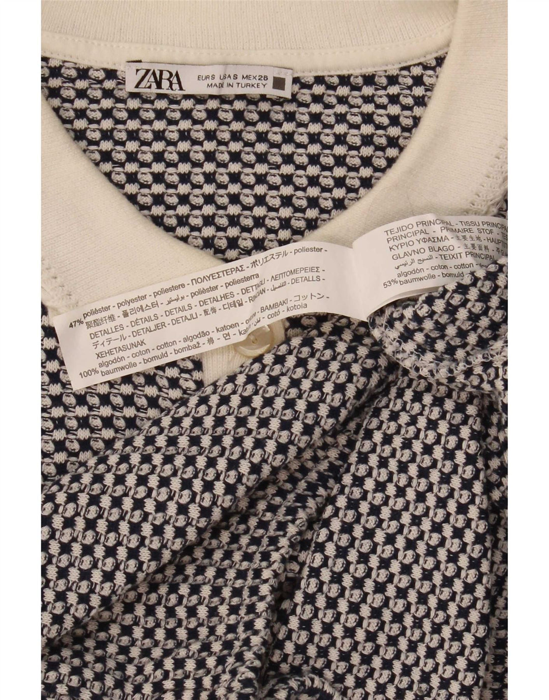 Женская укороченная рубашка-поло Zara UK 10, маленький синий полиэстер с геометрическим рисунком
