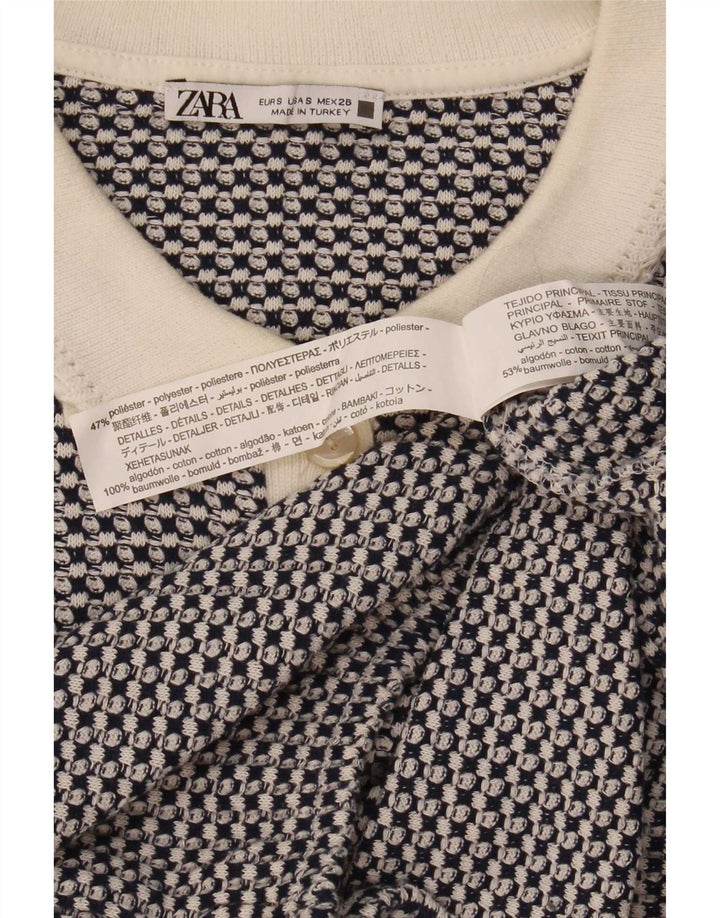 Женская укороченная рубашка-поло Zara UK 10, маленький синий полиэстер с геометрическим рисунком