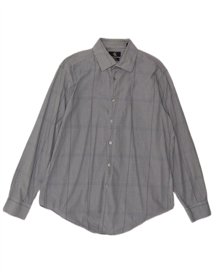 Мужская рубашка приталенного кроя CALVIN KLEIN, размер 16, большая темно-синяя клетка в клетку, хлопок