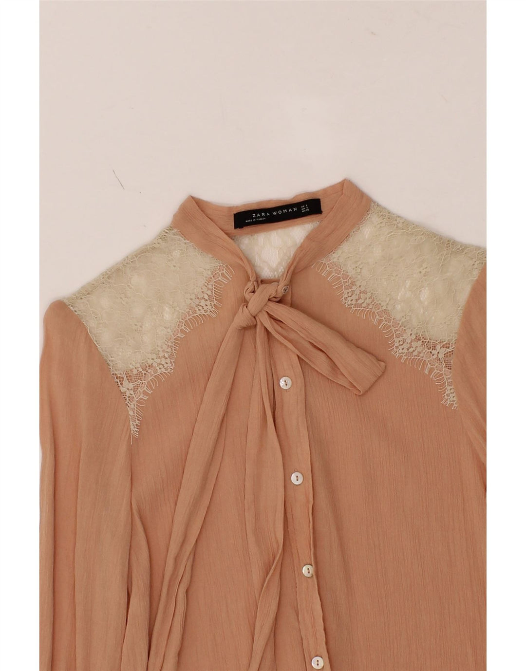 ZARA Womens Front Tie Shirt Blouse UK 10 Small Beige Colourblock Polyamide Vintage Zara and Second-Hand Zara from Messina Hembry 