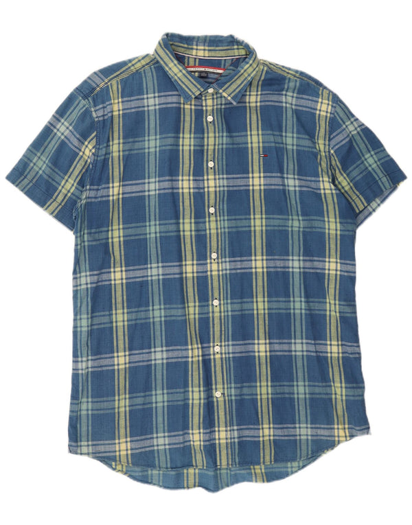 Мужская рубашка с коротким рукавом Tommy Hilfiger 2XL, синяя хлопковая клетка