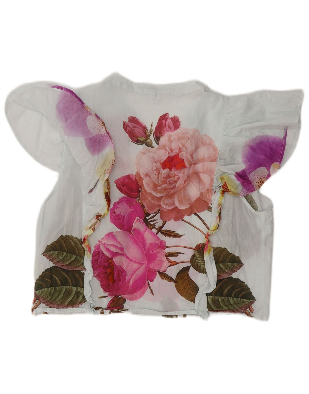 DESIGUAL Женская укороченная блузка с рюшами спереди, Великобритания, 18 XL, белый хлопок с цветочным принтом